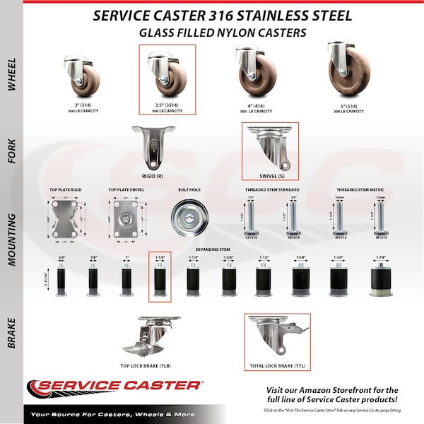 Service Caster 3.5 Inch 316SS High Temp Glass Filled Nylon 1-1/8 Inch Stem Caster Lock Brake SCC-SS316TTLEX20S3514-GFNSHT-118 - main